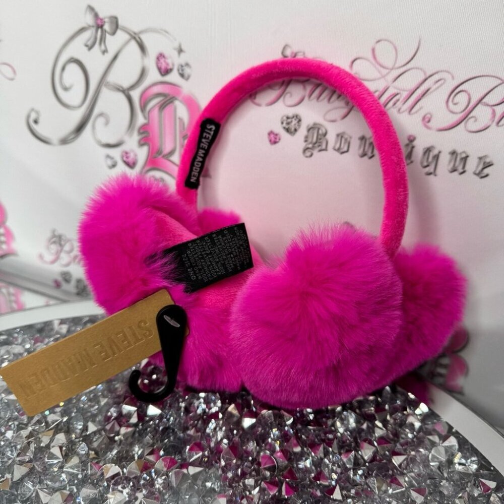 Steve Madden heart ear muffs Pink Furry Earmuffs toque warmer headband outdoor